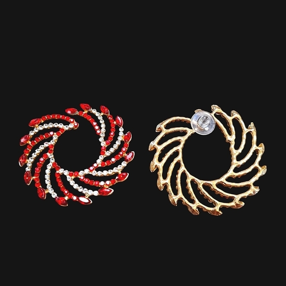 Rhinestone Dangle Drop Hoop Earrings  Red & Silver - Picture 2 of 2